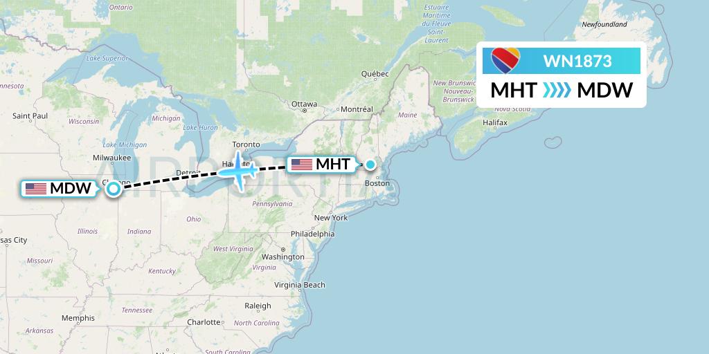 WN1873 Southwest Airlines Flight Map: Manchester to Chicago