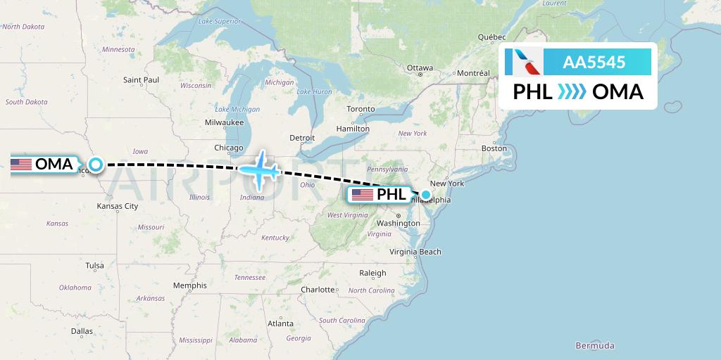 AA5545 American Airlines Flight Map: Philadelphia to Omaha
