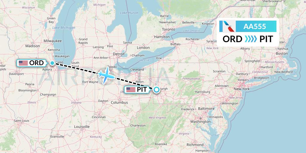 AA555 American Airlines Flight Map: Chicago to Pittsburgh