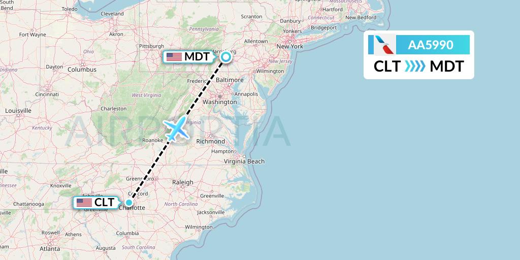 AA5990 American Airlines Flight Map: Charlotte to Harrisburg