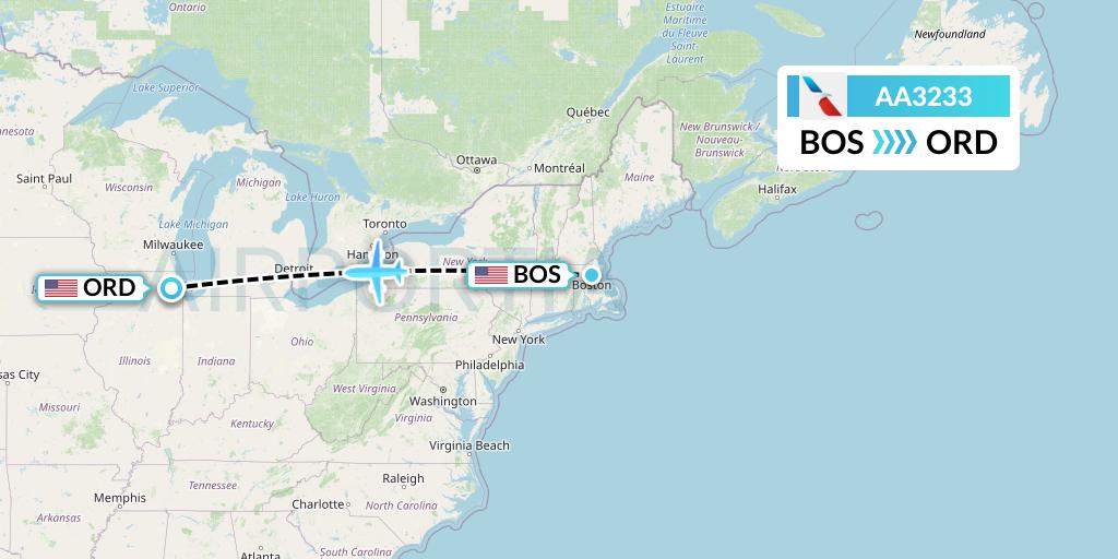 AA3233 American Airlines Flight Map: Boston to Chicago
