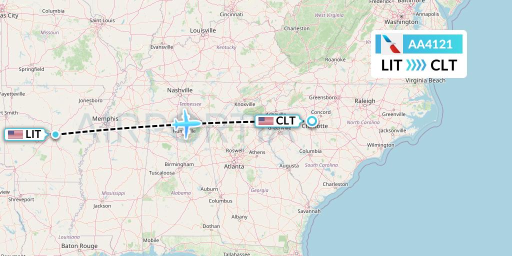 AA4121 American Airlines Flight Map: Little Rock to Charlotte