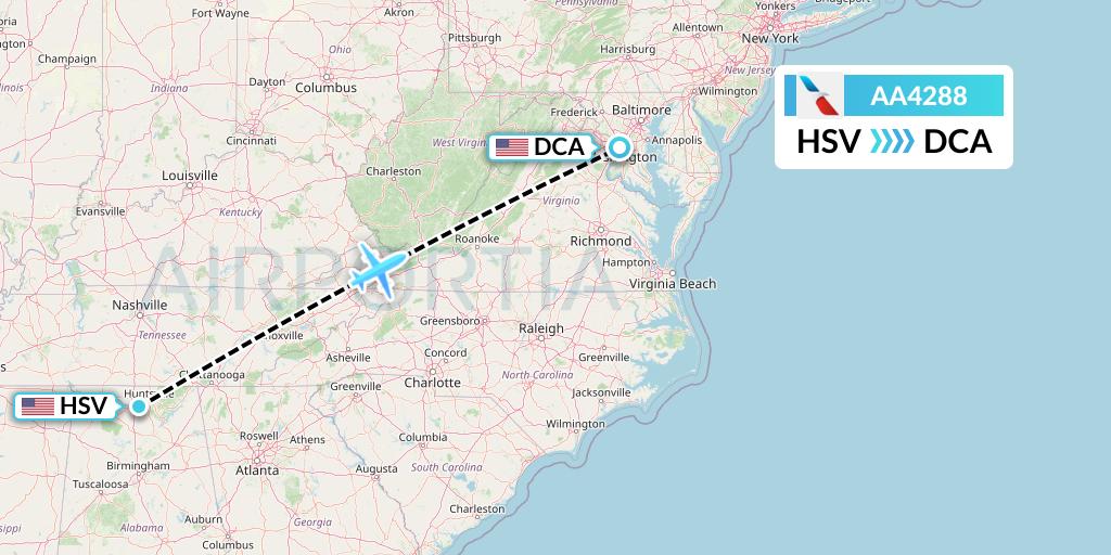 AA4288 American Airlines Flight Map: Huntsville to Washington