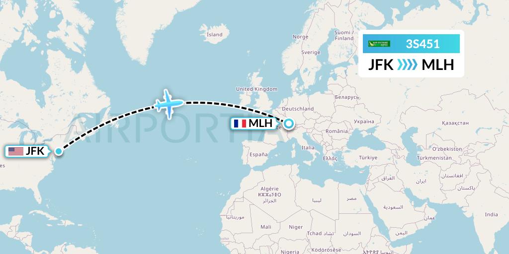 3S451 Air Antilles Express Flight Map: New York to Basel Mulhouse Freiburg