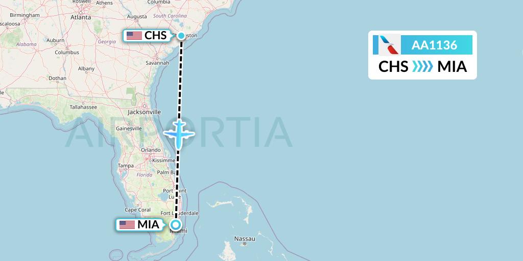 AA1136 American Airlines Flight Map: Charleston to Miami