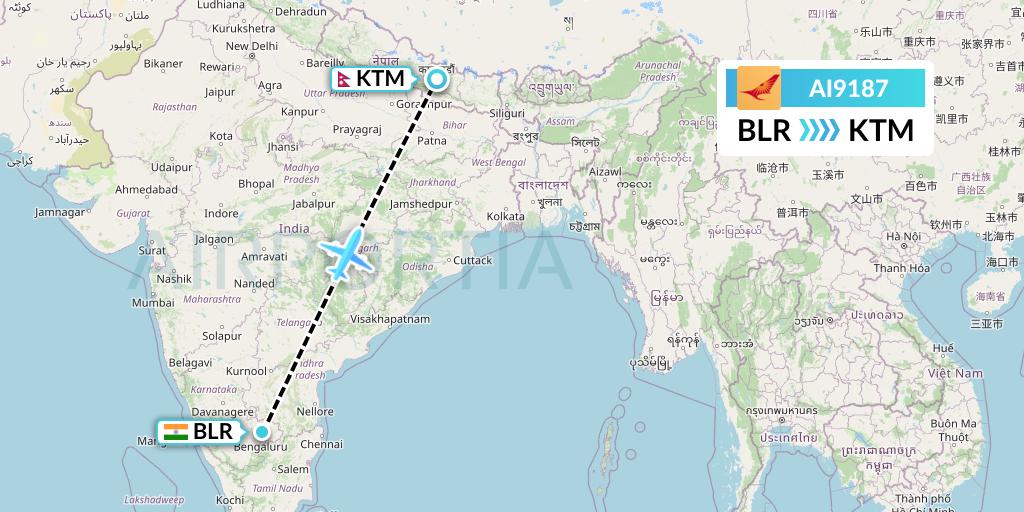 AI9187 Air India Flight Map: Bangalore to Kathmandu