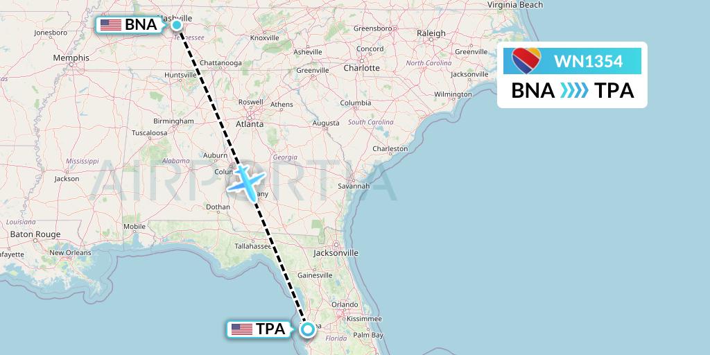 WN1354 Southwest Airlines Flight Map: Nashville to Tampa