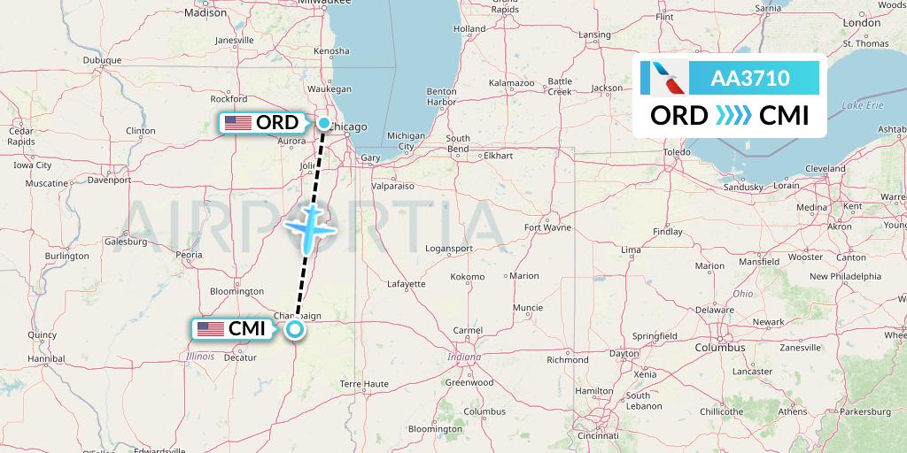 AA3710 American Airlines Flight Map: Chicago to Champaign