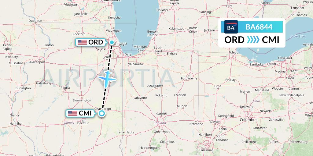 BA6844 British Airways Flight Map: Chicago to Champaign