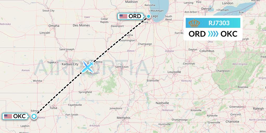 RJ7303 Royal Jordanian Flight Map: Chicago to Oklahoma City