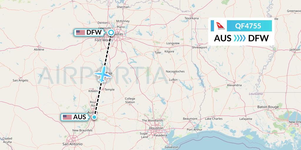 QF4755 Qantas Flight Map: Austin to Dallas