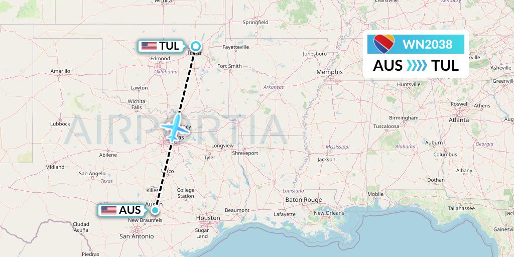 WN2038 Southwest Airlines Flight Map: Austin to Tulsa
