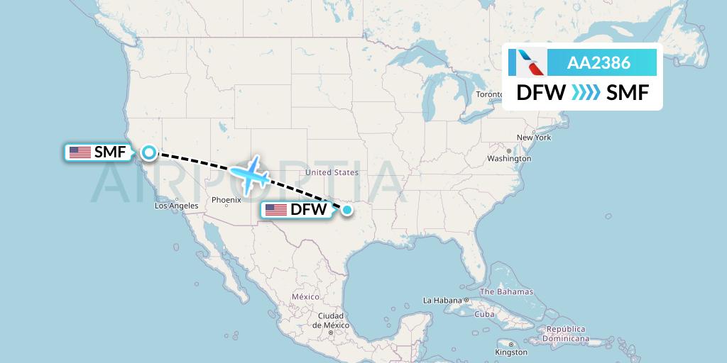 AA2386 American Airlines Flight Map: Dallas to Sacramento