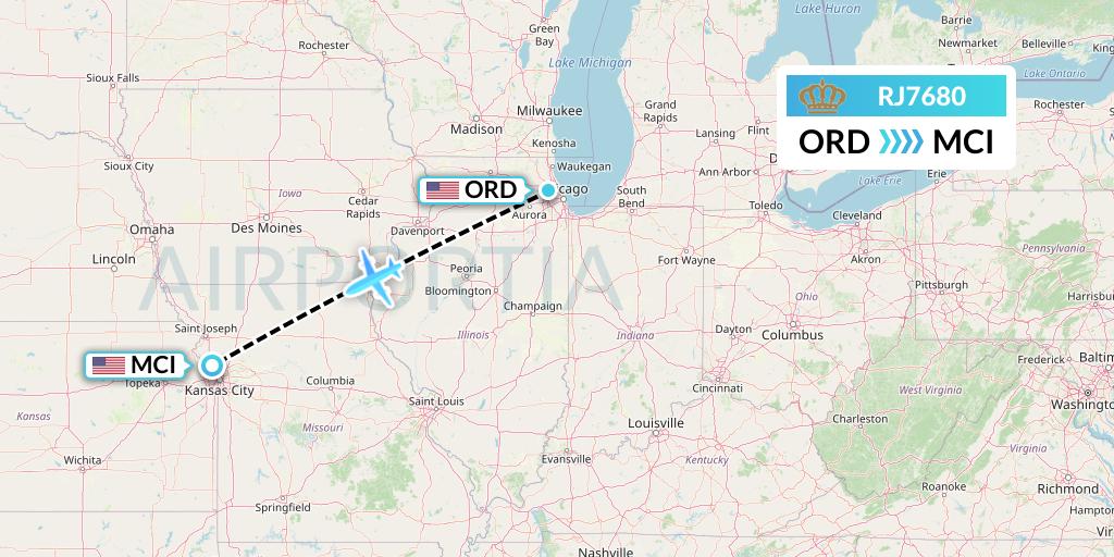RJ7680 Royal Jordanian Flight Map: Chicago to Kansas City