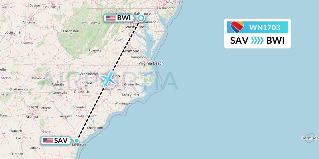 WN1703 Southwest Airlines Flight Map: Savannah to Baltimore