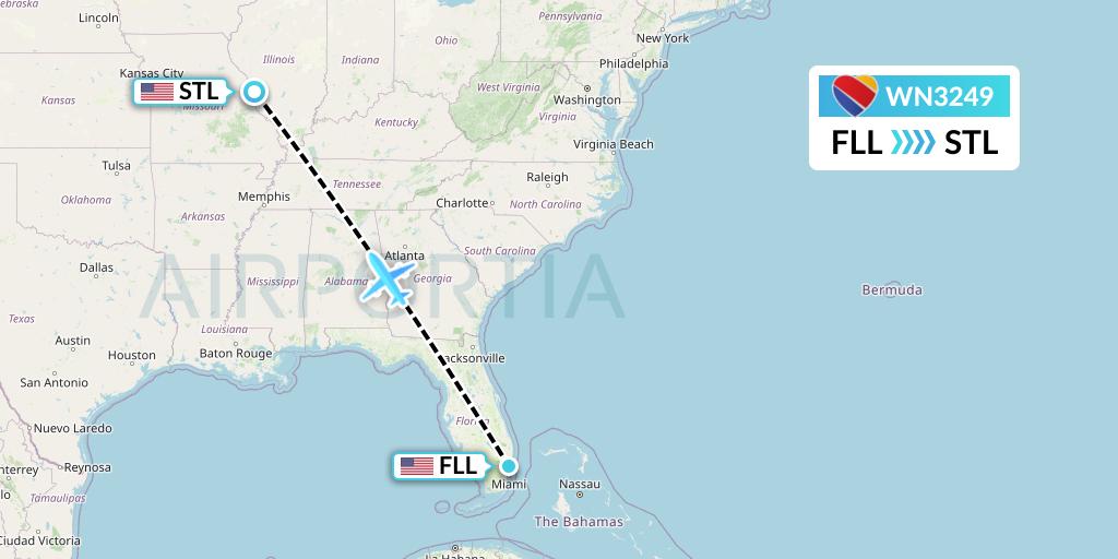 WN3249 Southwest Airlines Flight Map: Fort Lauderdale to St. Louis