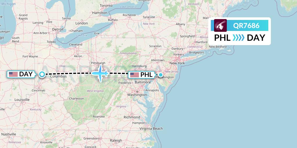 QR7686 Qatar Airways Flight Map: Philadelphia to Dayton
