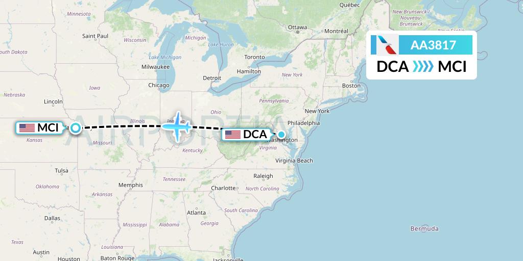 AA3817 American Airlines Flight Map: Washington to Kansas City