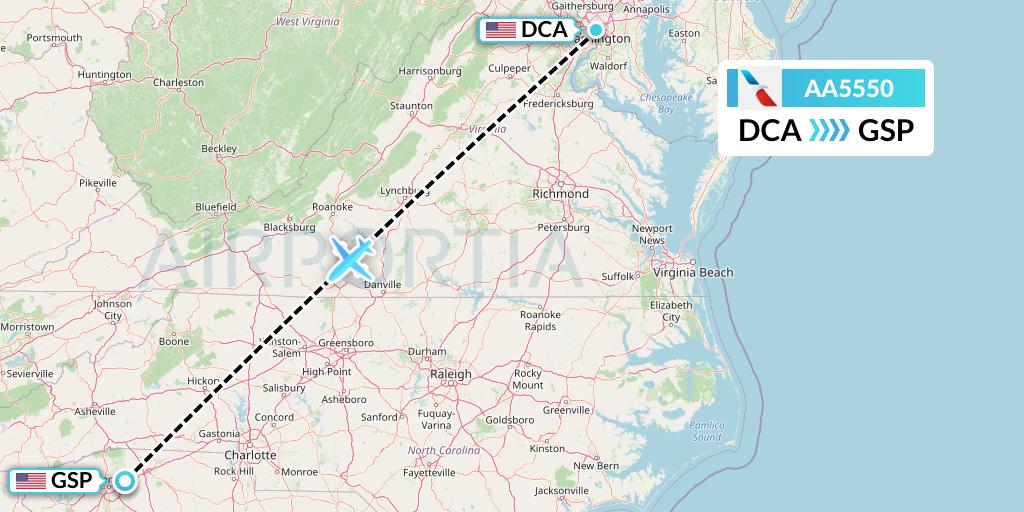 AA5550 American Airlines Flight Map: Washington to Greenville-Spartanburg