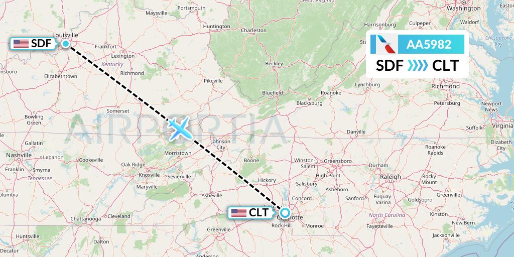 AA5982 American Airlines Flight Map: Louisville to Charlotte