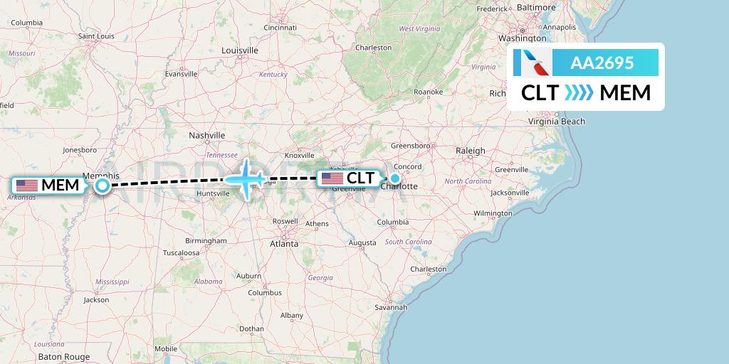 AA2695 American Airlines Flight Map: Charlotte to Memphis