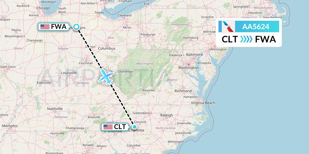 AA5624 American Airlines Flight Map: Charlotte to Fort Wayne