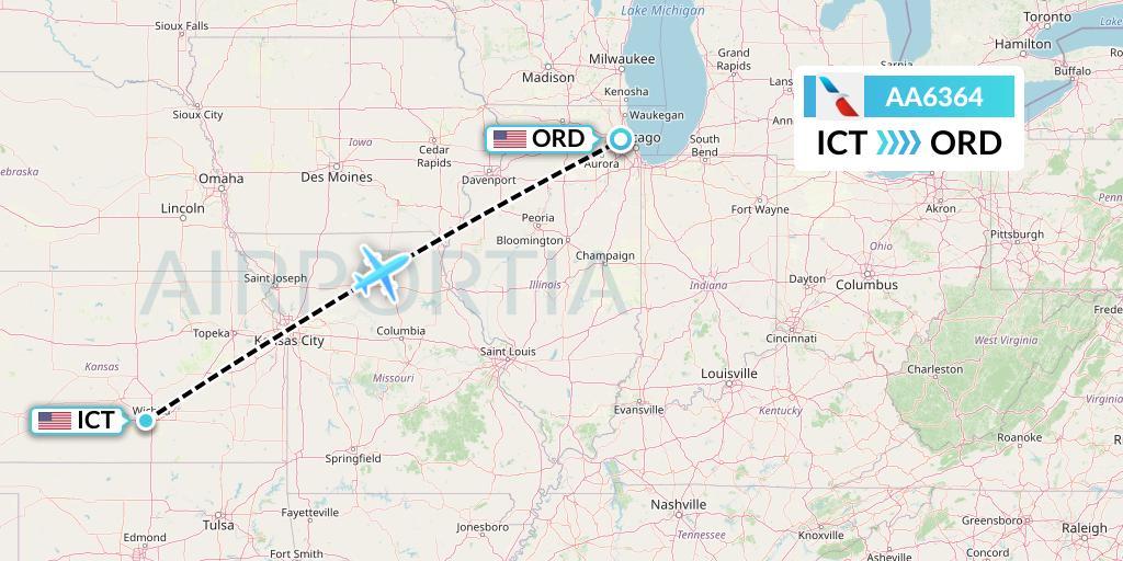 AA6364 American Airlines Flight Map: Wichita to Chicago