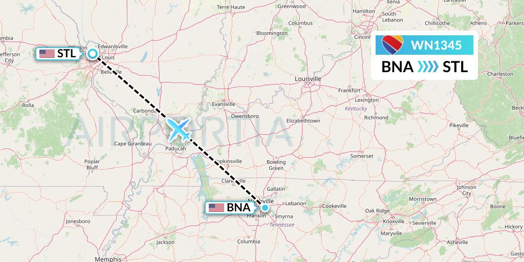 WN1345 Southwest Airlines Flight Map: Nashville to St. Louis