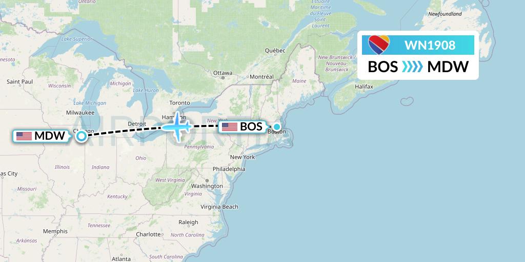 WN1908 Southwest Airlines Flight Map: Boston to Chicago