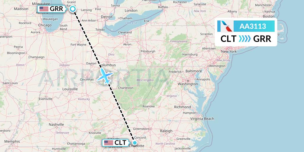 AA3113 American Airlines Flight Map: Charlotte to Grand Rapids