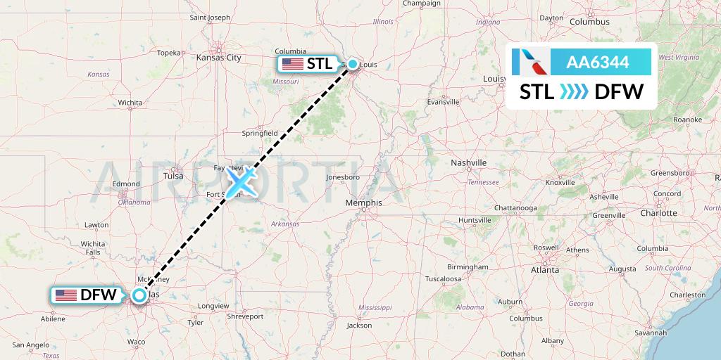 AA6344 American Airlines Flight Map: St. Louis to Dallas
