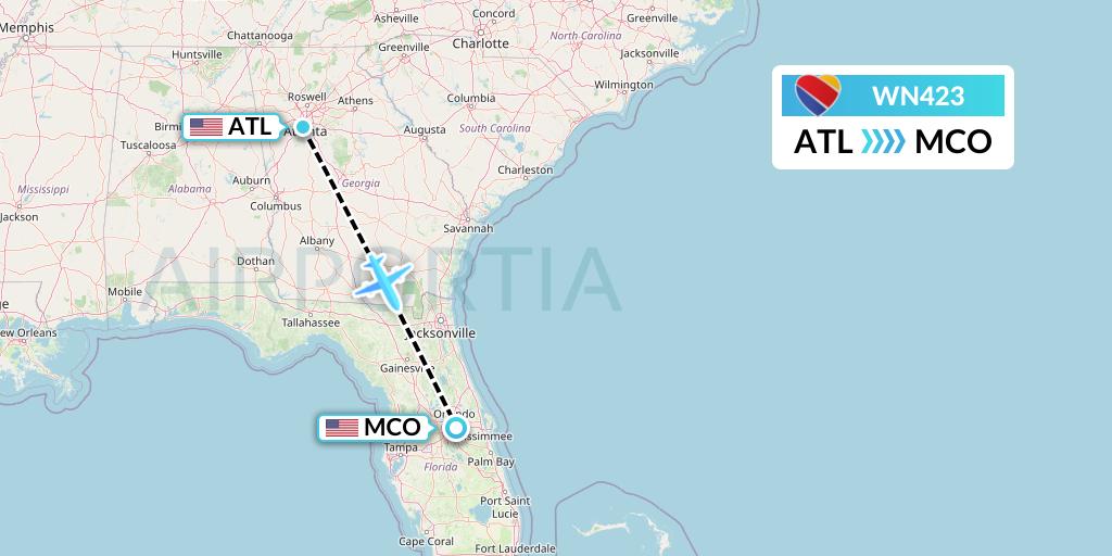 WN423 Southwest Airlines Flight Map: Atlanta to Orlando
