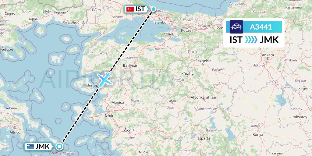 A3441 Aegean Airlines Flight Map: Istanbul to Mykonos