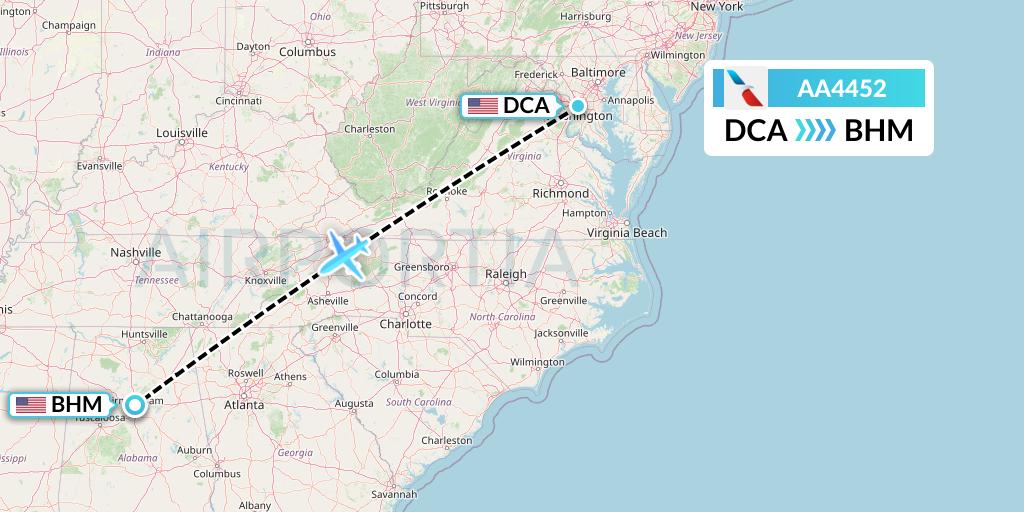 AA4452 American Airlines Flight Map: Washington to Birmingham