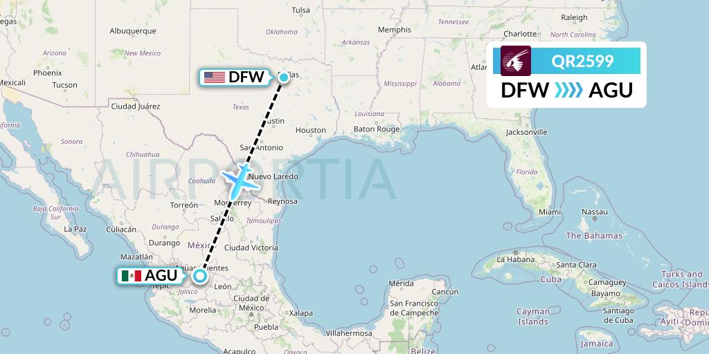 QR2599 Qatar Airways Flight Map: Dallas to Aguascalientes