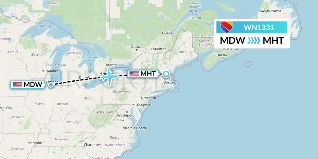 WN1331 Southwest Airlines Flight Map: Chicago to Manchester