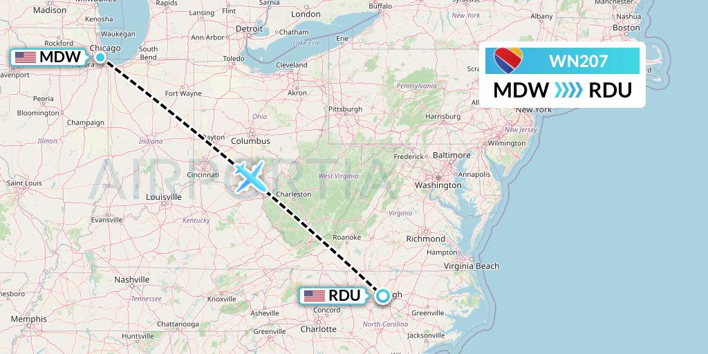 WN207 Southwest Airlines Flight Map: Chicago to Raleigh-Durham