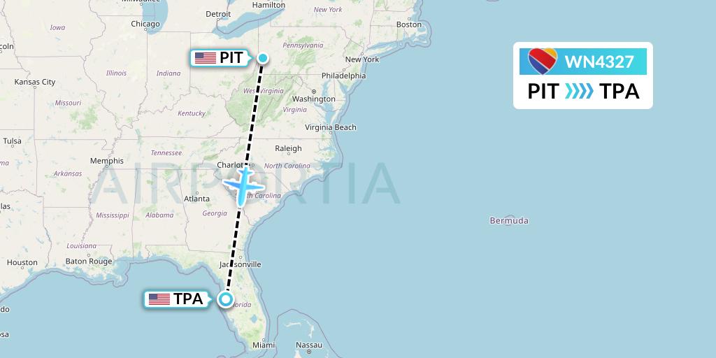 WN4327 Southwest Airlines Flight Map: Pittsburgh to Tampa