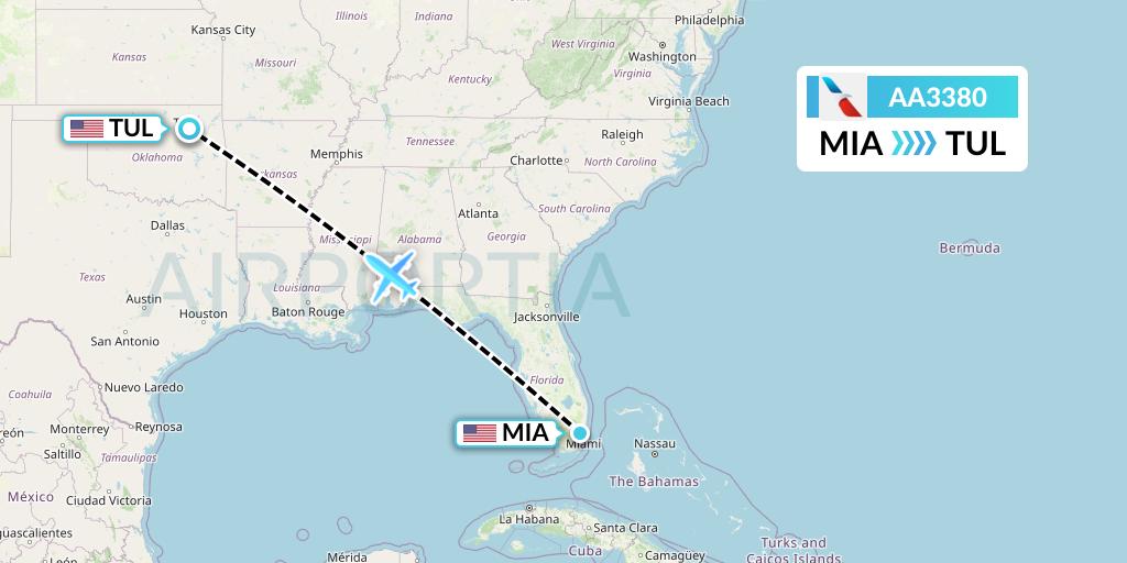 AA3380 American Airlines Flight Map: Miami to Tulsa