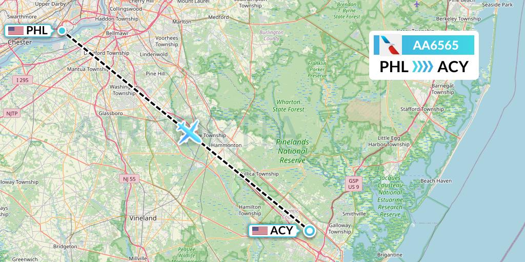 AA6565 American Airlines Flight Map: Philadelphia to Atlantic City