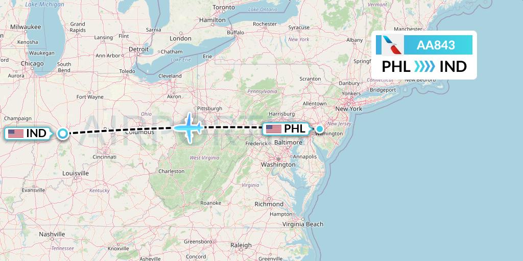 AA843 American Airlines Flight Map: Philadelphia to Indianapolis