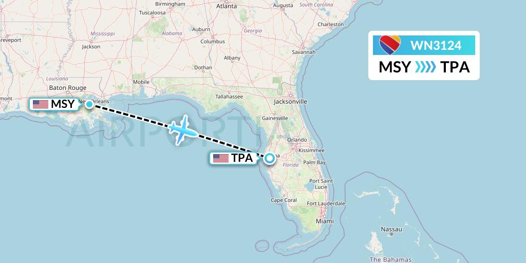 WN3124 Southwest Airlines Flight Map: New Orleans to Tampa