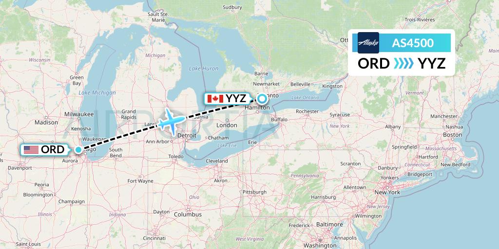 AS4500 Alaska Airlines Flight Map: Chicago to Toronto