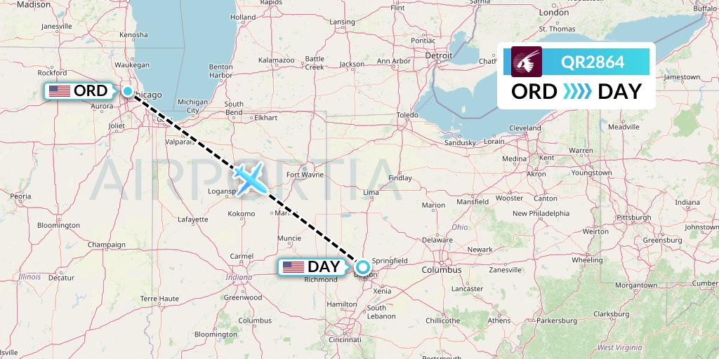 QR2864 Qatar Airways Flight Map: Chicago to Dayton