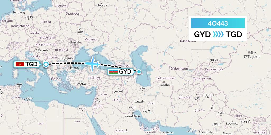 4O443 Air Montenegro Flight Map: Baku to Podgorica