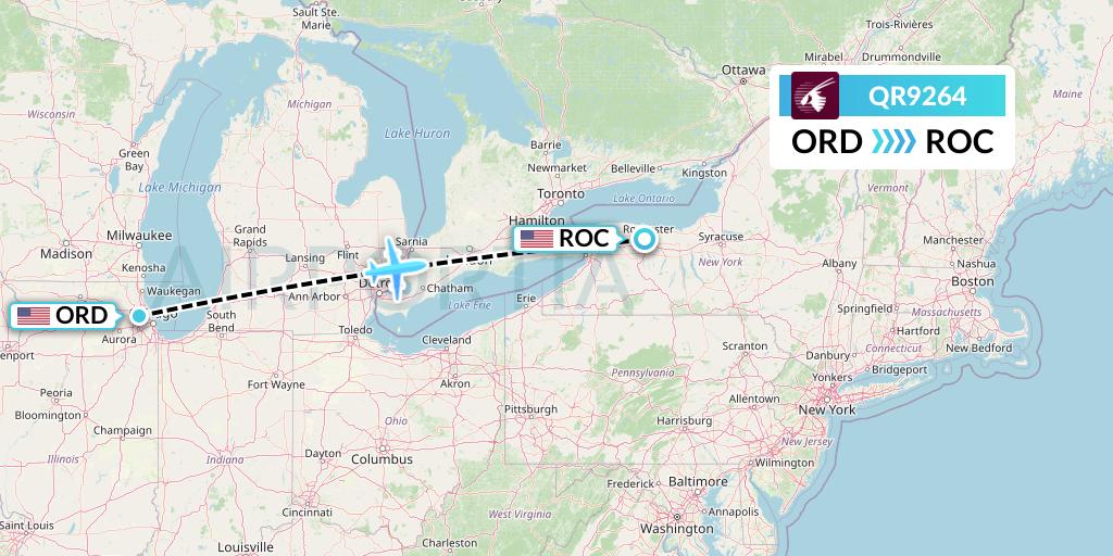 QR9264 Qatar Airways Flight Map: Chicago to Rochester