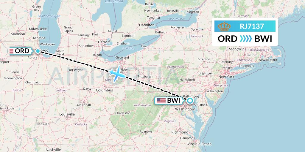 RJ7137 Royal Jordanian Flight Map: Chicago to Baltimore