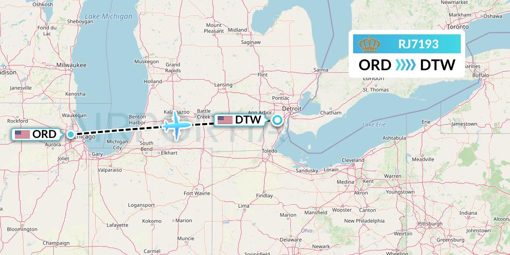 RJ7193 Royal Jordanian Flight Map: Chicago to Detroit