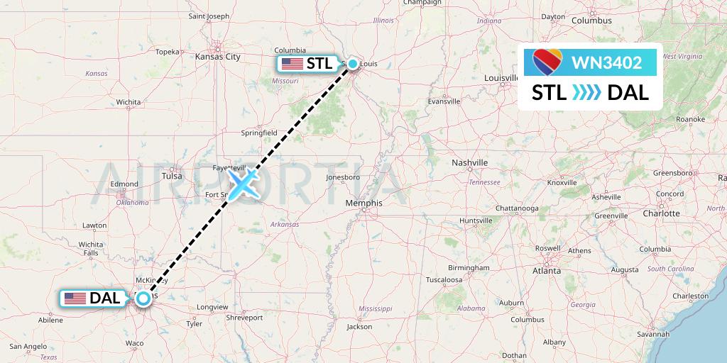 WN3402 Southwest Airlines Flight Map: St. Louis to Dallas