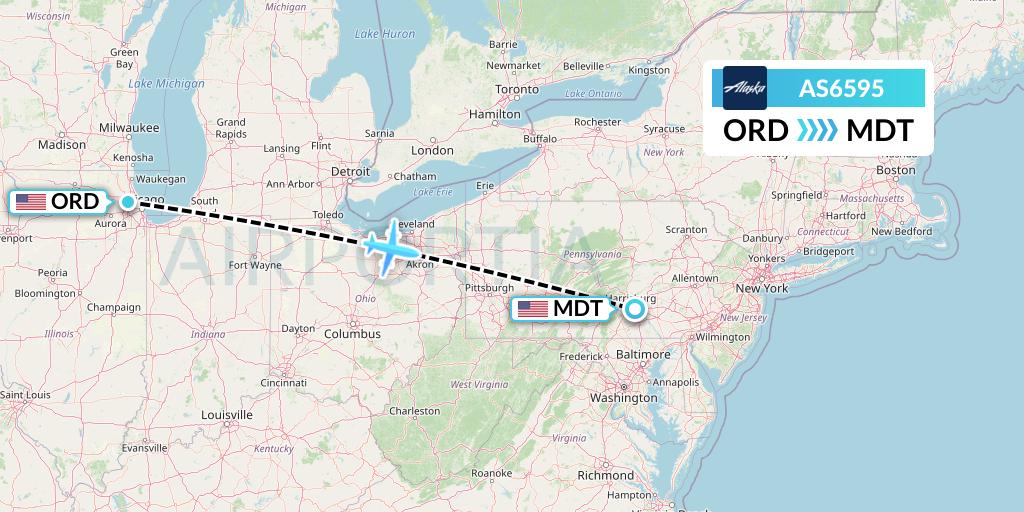 AS6595 Alaska Airlines Flight Map: Chicago to Harrisburg